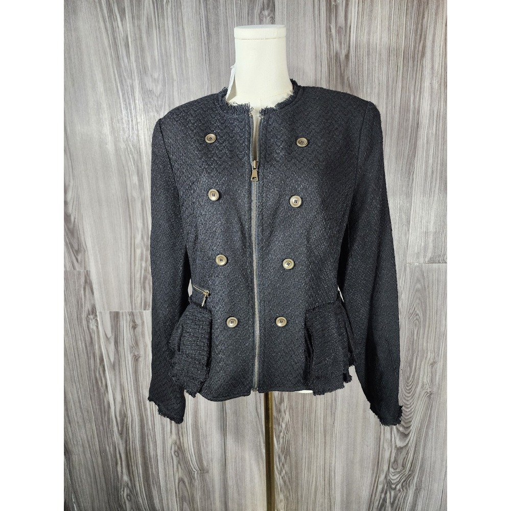 Worthington Womens XL Black Textured Peplum Blazer Jacket‎ NWT Fringe Zip Front